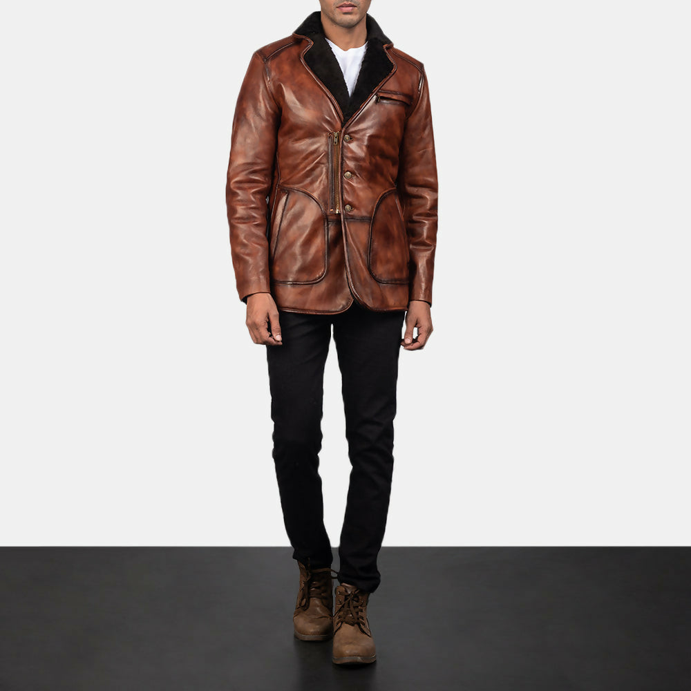 Men's Handmade Rocky Brown Fur Leather Coat – Premium Genuine Leather Winter Coat