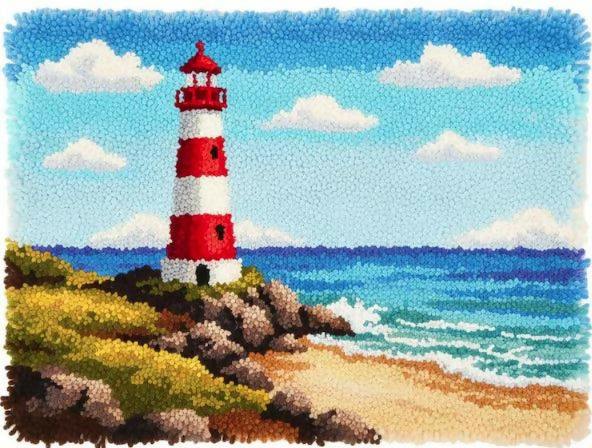 Rug Making Latch Hooking Kit | Beach Lighthouse-60x40cm-Blank Canvas on Lucasgift
