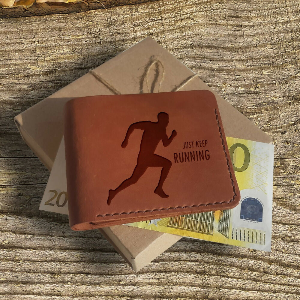 Gifts for Runners. Personalized Leather Wallet. Running Gifts. Engraved Wallet. Custom Slim Bifold Minimalist Leather Wallet for Men.- on Lucasgift