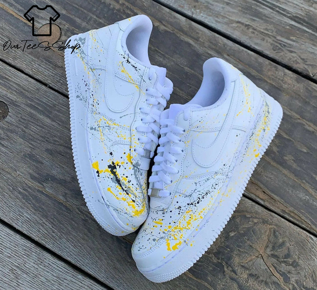 Custom Yellow Splatter AF1 Sneakers, Hand Painted Personalized Shoes