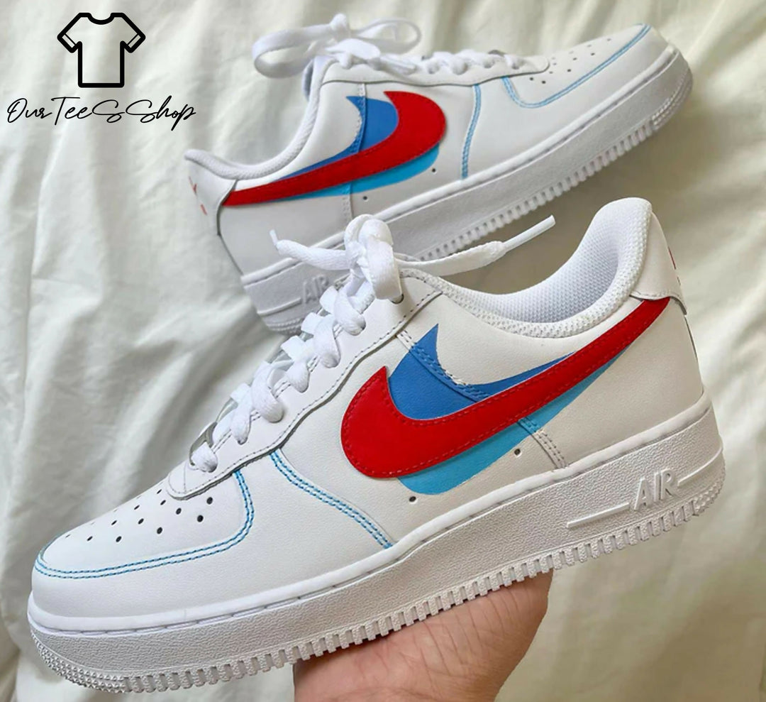 Custom Swoosh Red and Blue AF1 Sneakers, Hand Painted Personalized Shoes
