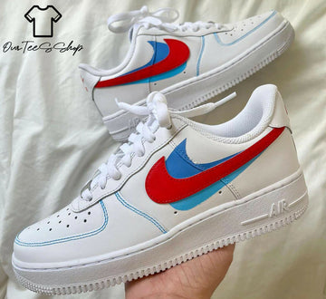 Custom Swoosh Red and Blue AF1 Sneakers, Hand Painted Personalized Shoes