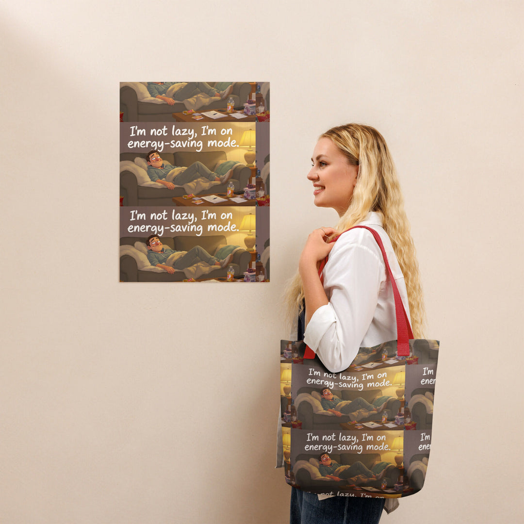 Energy-Saving Mode Living – Cozy Humor Tote- on Lucasgift