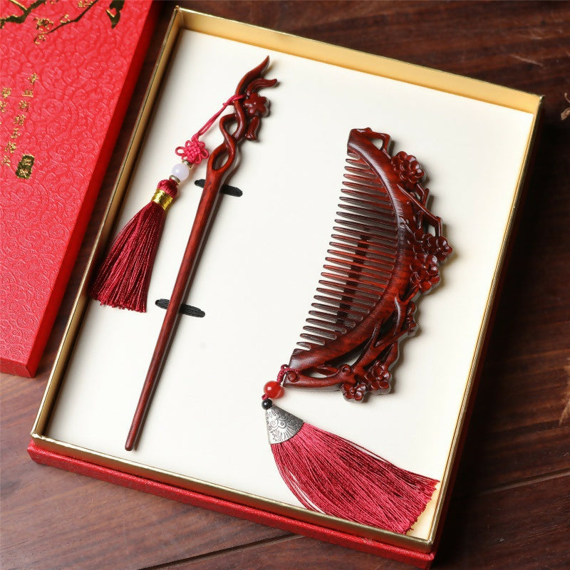 Rosewood Hanmei Plum Blossom Hair Comb and Hairpin Wedding Gift Set- on Lucasgift