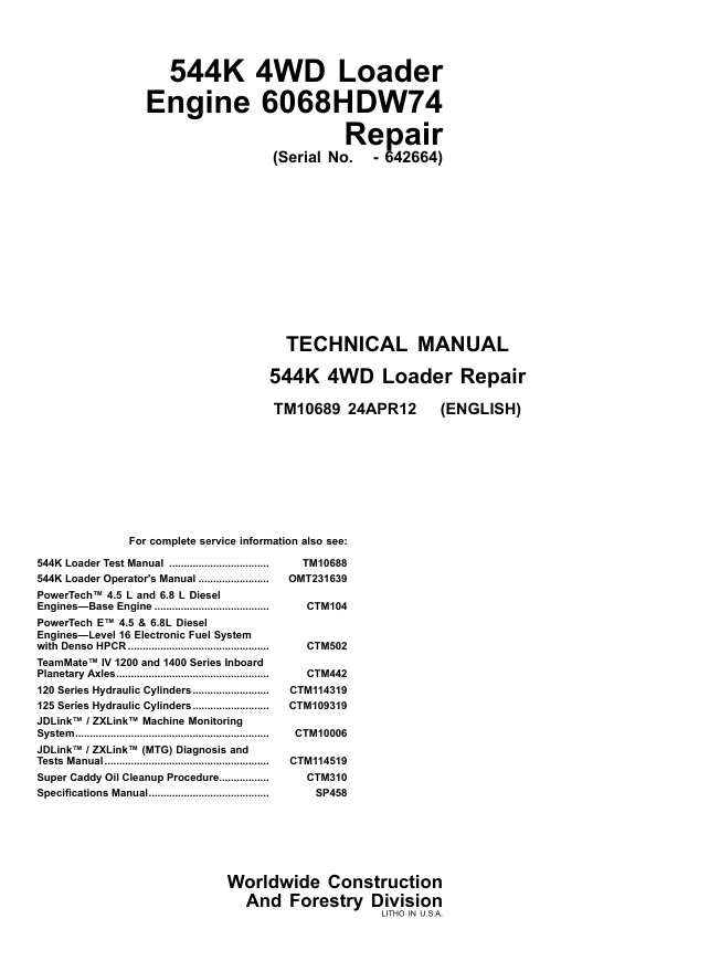 John Deere 544K 4WD Loader Repair Technical Manual- on Lucasgift