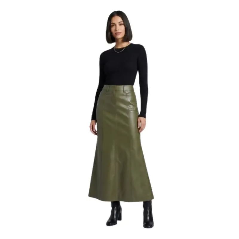 Handmade Genuine Leather Maxi Skirt – High Waisted Green Sheepskin Column Skirt For Women- on Lucasgift