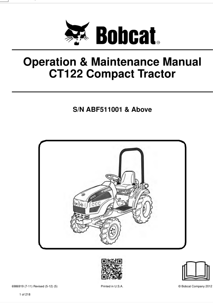 BOBCAT CT122 COMPACT TRACTOR OPERATOR MANUAL- on Lucasgift