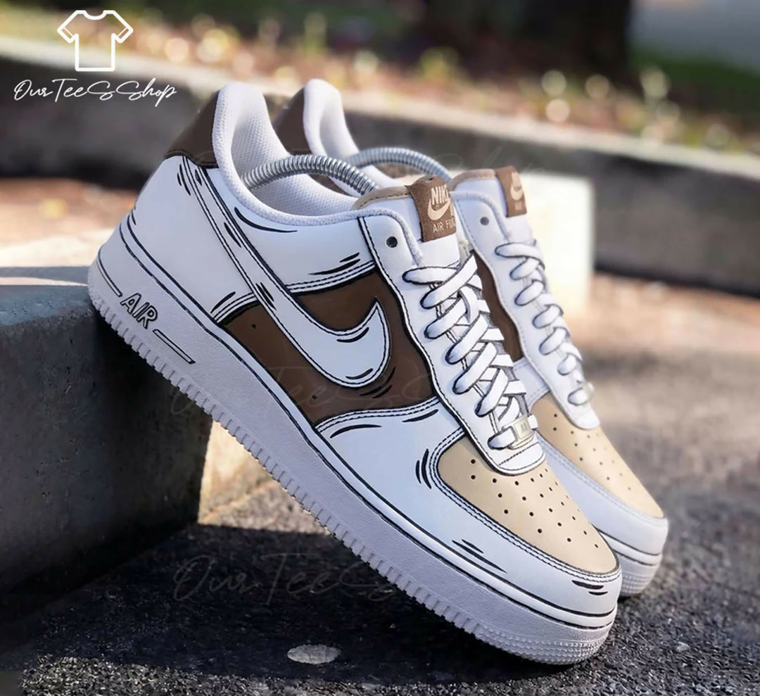 Custom Brown Beige Cartoon AF1 Sneakers, Hand Painted Personalized Shoes