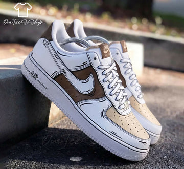 Custom Brown Beige Cartoon AF1 Sneakers, Hand Painted Personalized Shoes