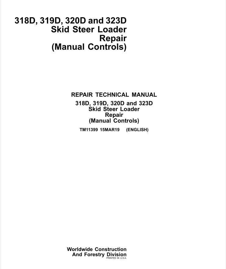 John Deere 318D 319D 320D 323D Manual Repair Service Shop TM11399- on Lucasgift