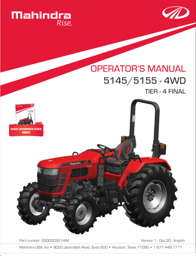 MAHINDRA 5145 TIER 4 TRACTOR OPERATORS OWNERS MANUAL- on Lucasgift
