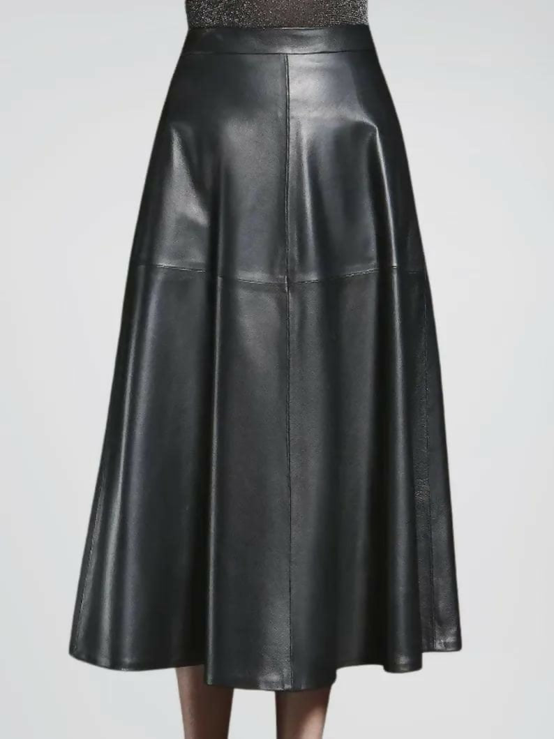 Black Genuine Leather Midi Skirt High Waisted A Line Flare Skirt with Pockets