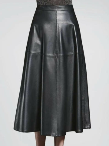 Black Genuine Leather Midi Skirt High Waisted A Line Flare Skirt with Pockets