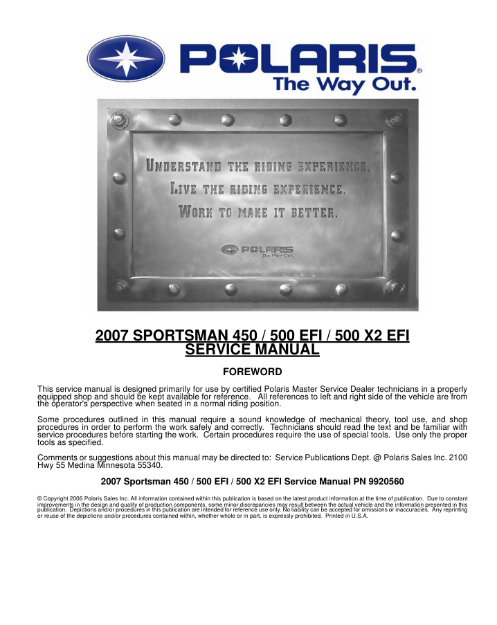 POLARIS SPORTSMAN 450 500 X2 EFI REPAIR SERVICE MANUAL 2007