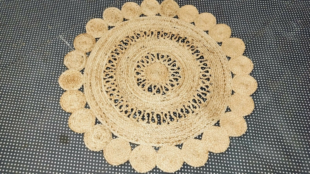 Sonia Artisan Collections | Natural Jute Scalloped Round Rug | Handmade Rustic Boho Decor- on Lucasgift
