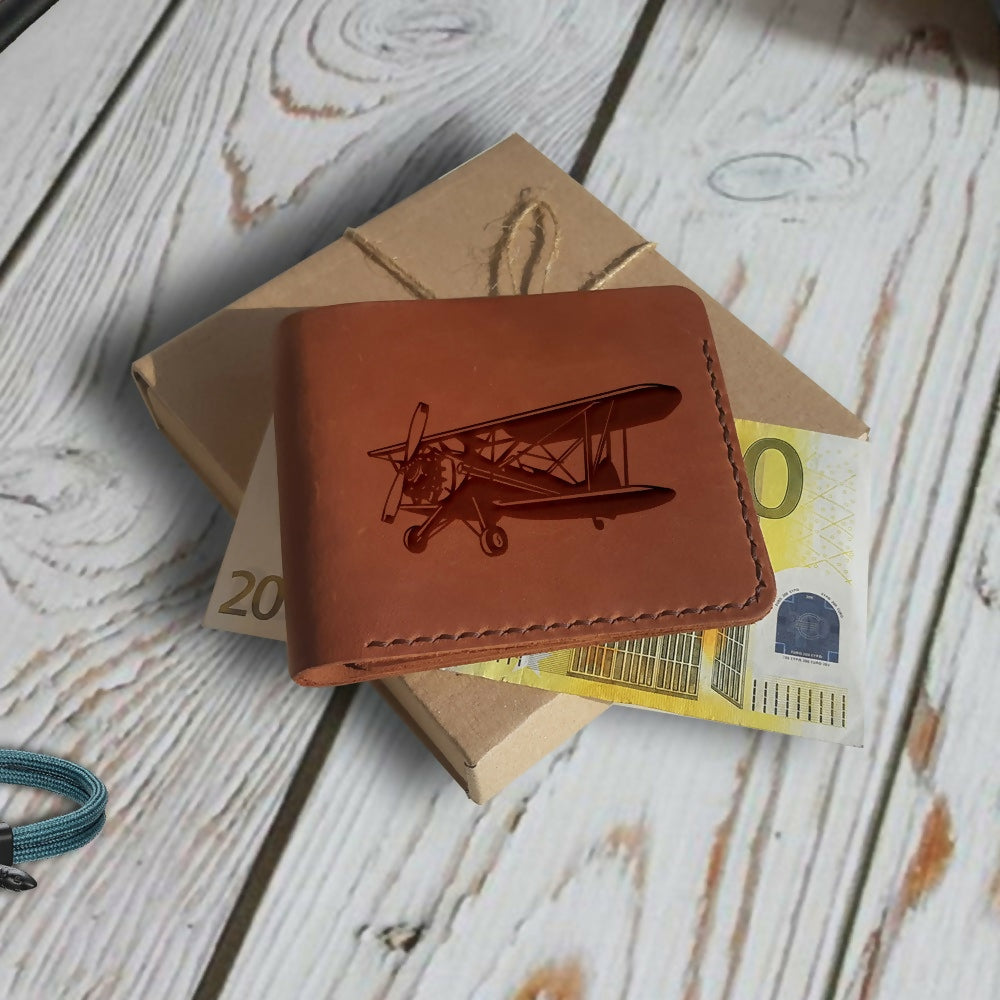 Pilot Gift. Engraved Wallet. Personalized Custom Mens Brown Leather Wallet. Slim Bifold Compact Wallet for Men. Aviation Gift. Airplane Gift- on Lucasgift