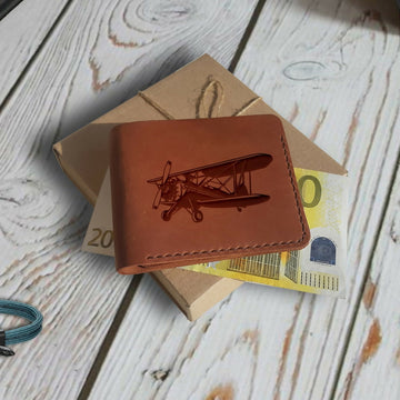 Pilot Gift. Engraved Wallet. Personalized Custom Mens Brown Leather Wallet. Slim Bifold Compact Wallet for Men. Aviation Gift. Airplane Gift- on Lucasgift