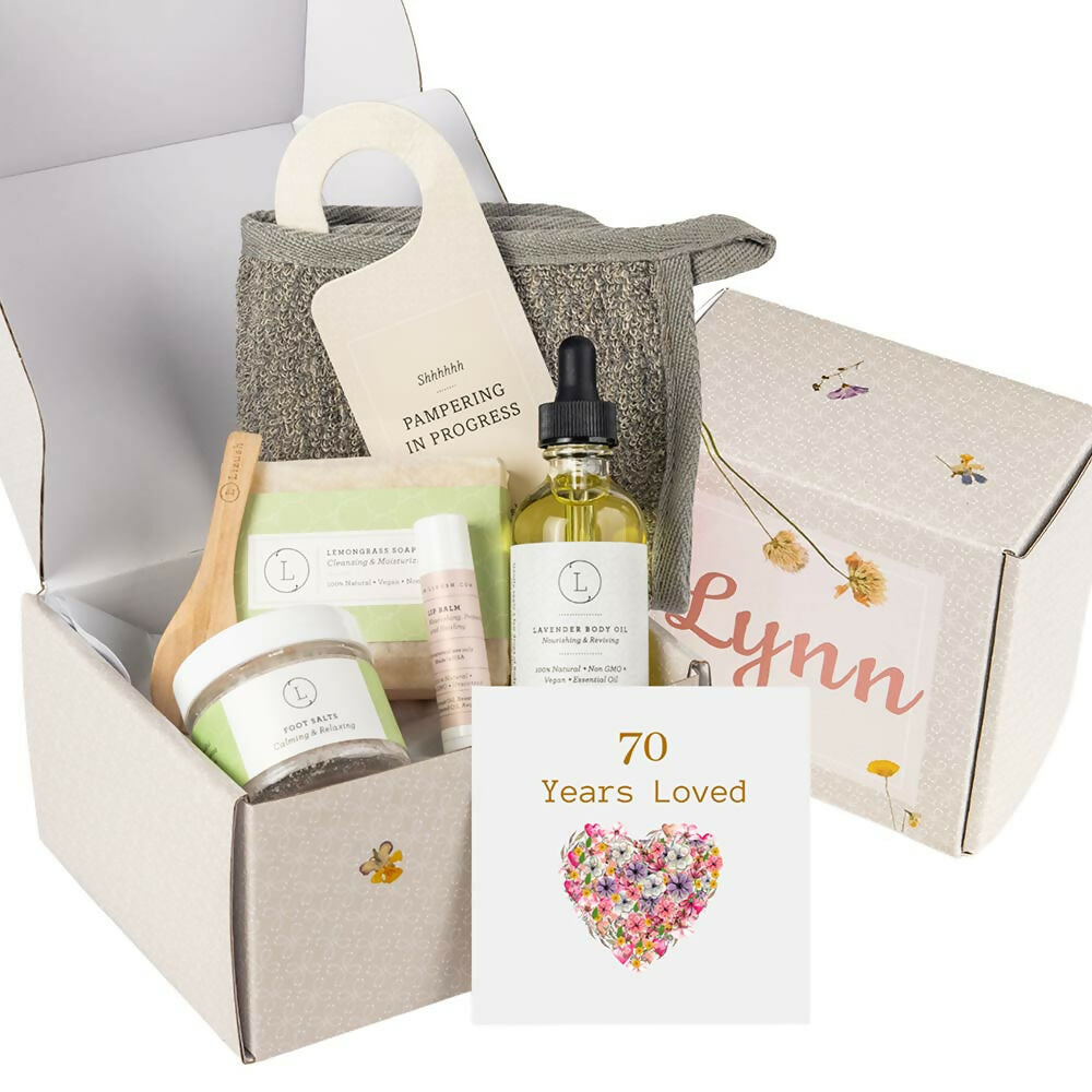 70 Years Loved - 70th Personalized Self care gift box, Natural skincare gift set- on Lucasgift