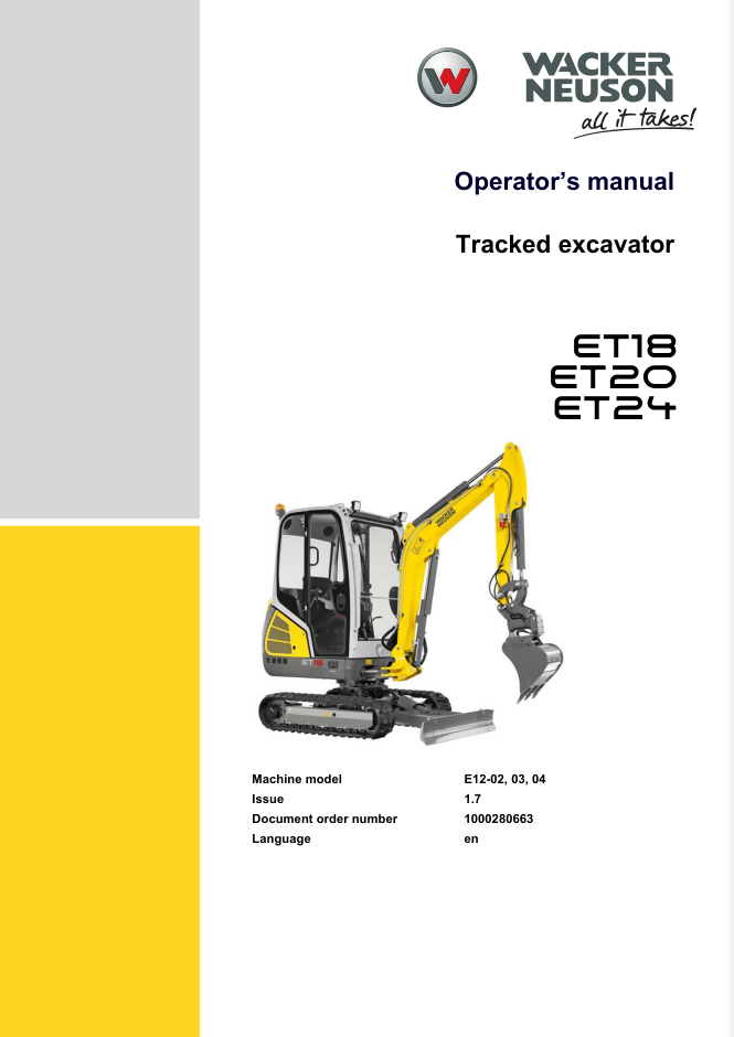 WACKER NEUSON ET18 ET20 ET24 TRACKED EXCAVATOR OPERATORS MANUAL- on Lucasgift