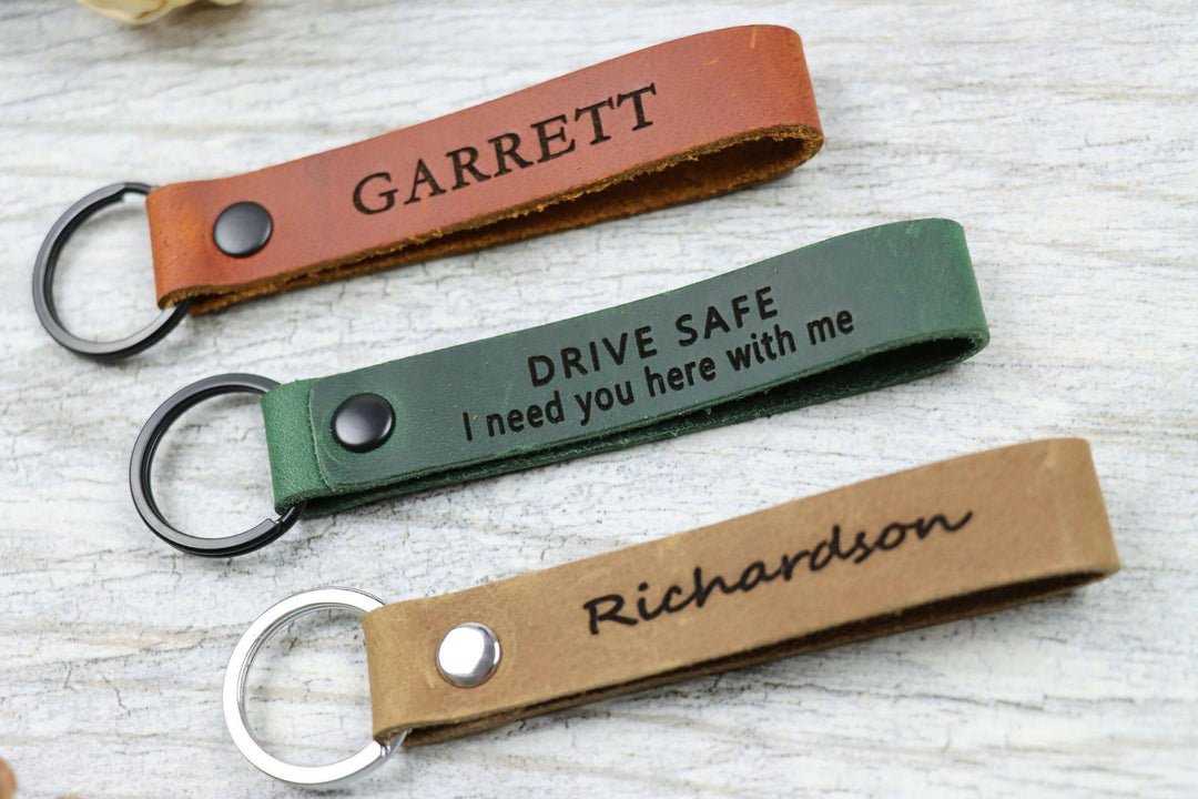 Set of 3 Slim Personalized Leather Keychain , Real Leather, Same Day Shipping, Free Shipping US- on Lucasgift