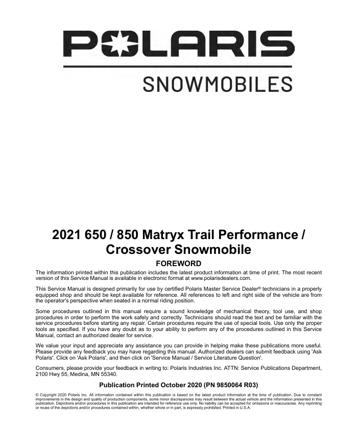 Polaris MATRYX 650 850 Service Manual | 2021-2023- on Lucasgift