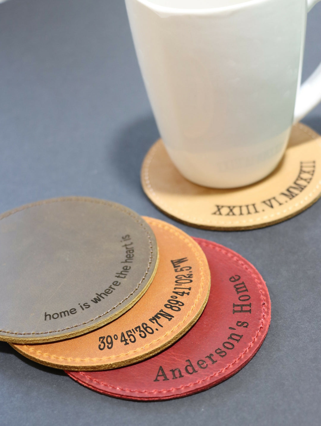 Set of 4 Personalized Full Grain Leather Coaster: Engraved Roman Numeral Decor, Anniversary Gift