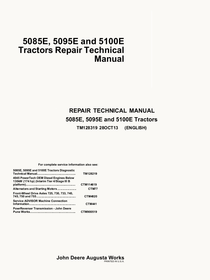 JOHN DEERE 5085E 5095E 5100E TRACTOR SERVICE REPAIR SHOP ENGINE MANUAL- on Lucasgift
