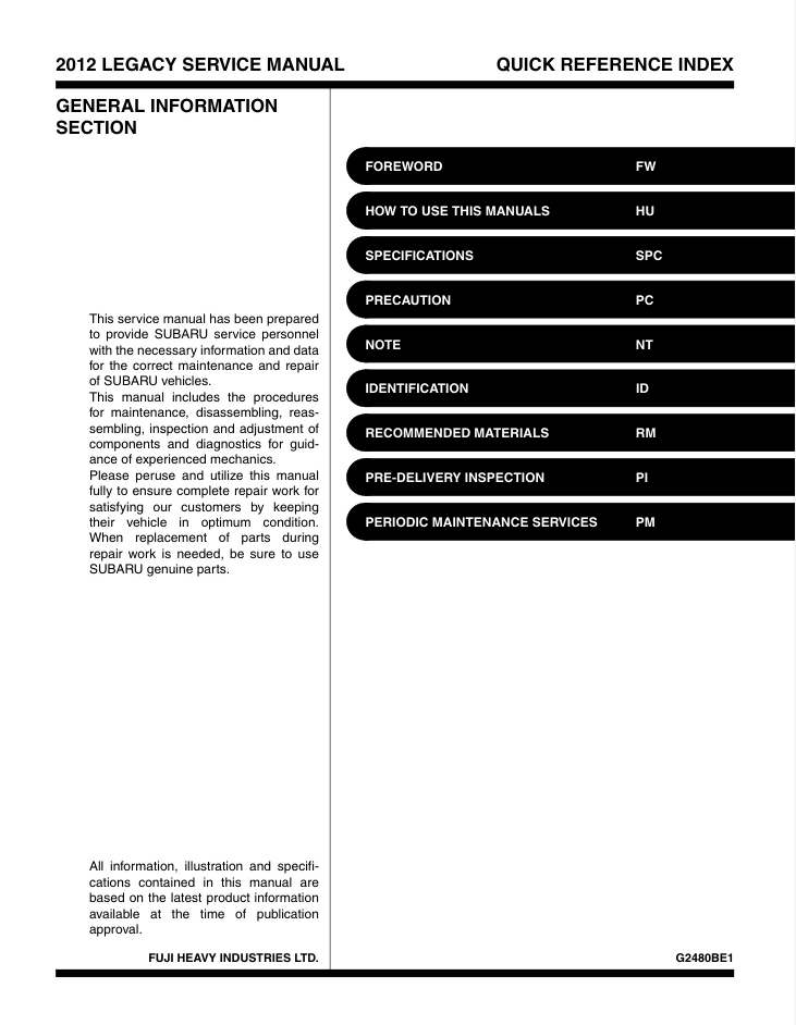 2012 Subaru Legacy Outback Service Manual