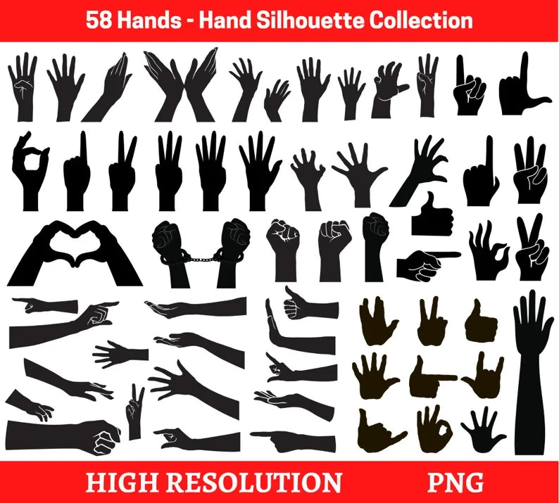Hand SVG, Silhouette Hand svg, Raised Hand Clipart, Peace Sign Silhouette, Waving Hand Vector, Human Hand Svg, Hand Symbols - SVG and PNG
