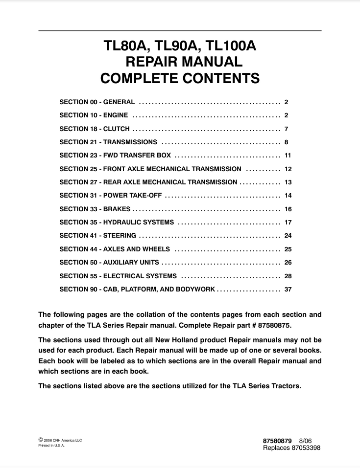 New Holland TL80A, TL90A, TL100A Tractors Service Repair Manual 87580875- on Lucasgift