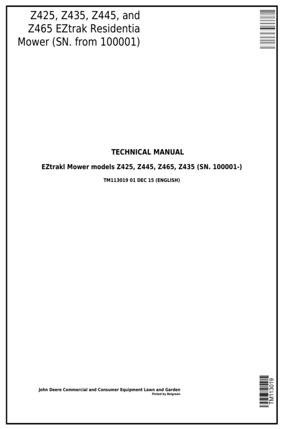 John Deere Z425 Z435 Z445 Z465 EZtrak Repair Service Technical Manual