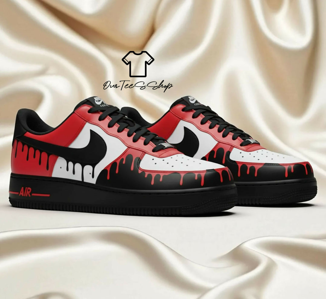 Custom Red White Drip Black AF1 Sneakers, Hand Painted Personalized Shoes