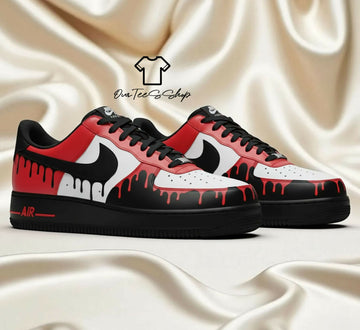 Custom Red White Drip Black AF1 Sneakers, Hand Painted Personalized Shoes