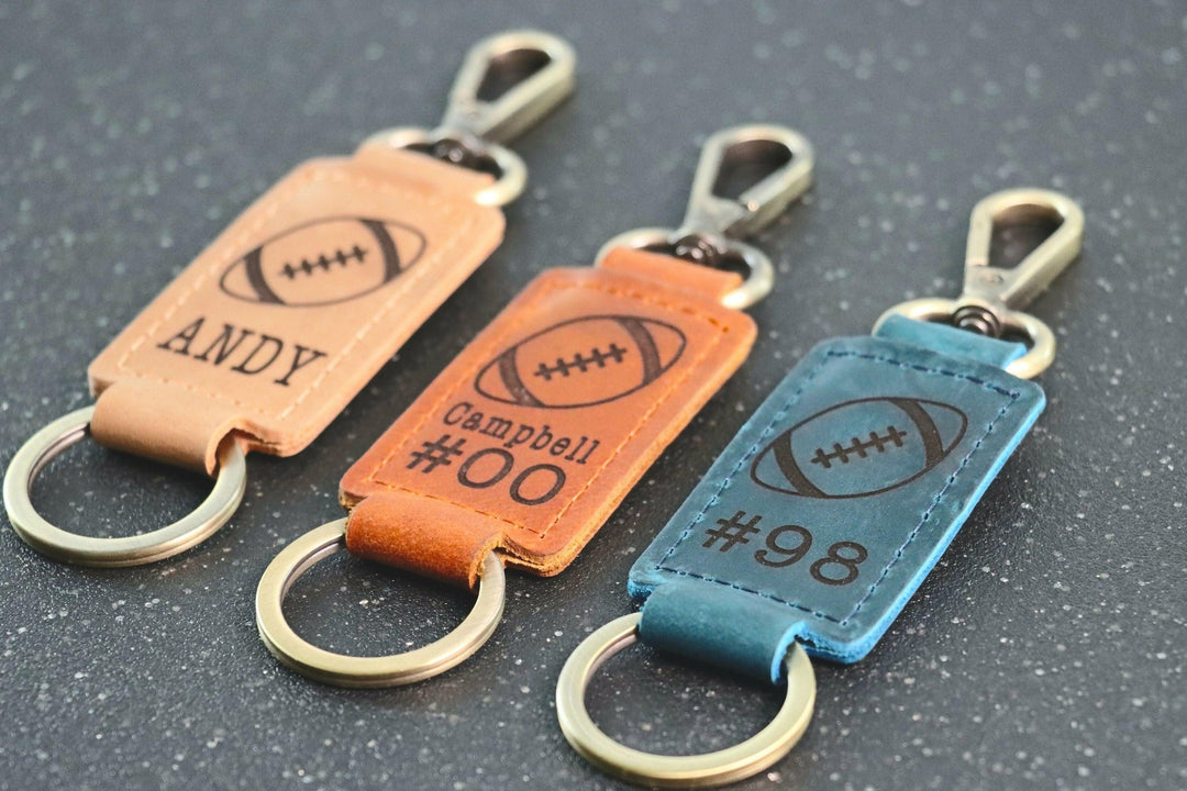 Personalized Football Keychain, Backpack Tags, Leather Keychains, Kid's Name Tags, Sport Keyrings, Charms, Team Gift- on Lucasgift