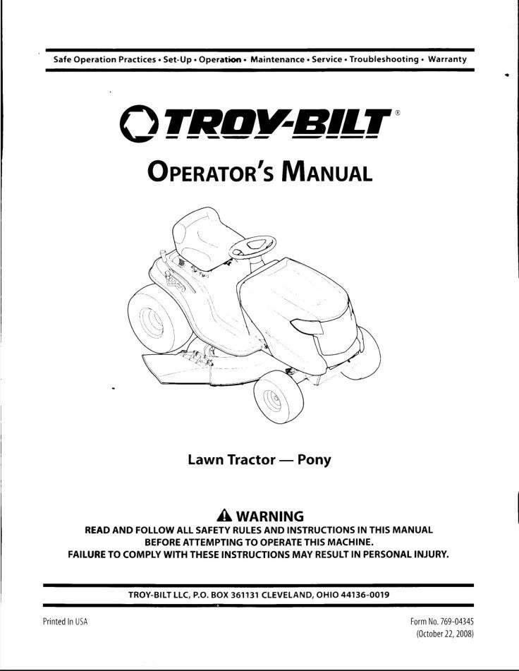 Tractor Operators Maintenance Instruction Manual Fits 2008 Troy Bilt Pony Lawn