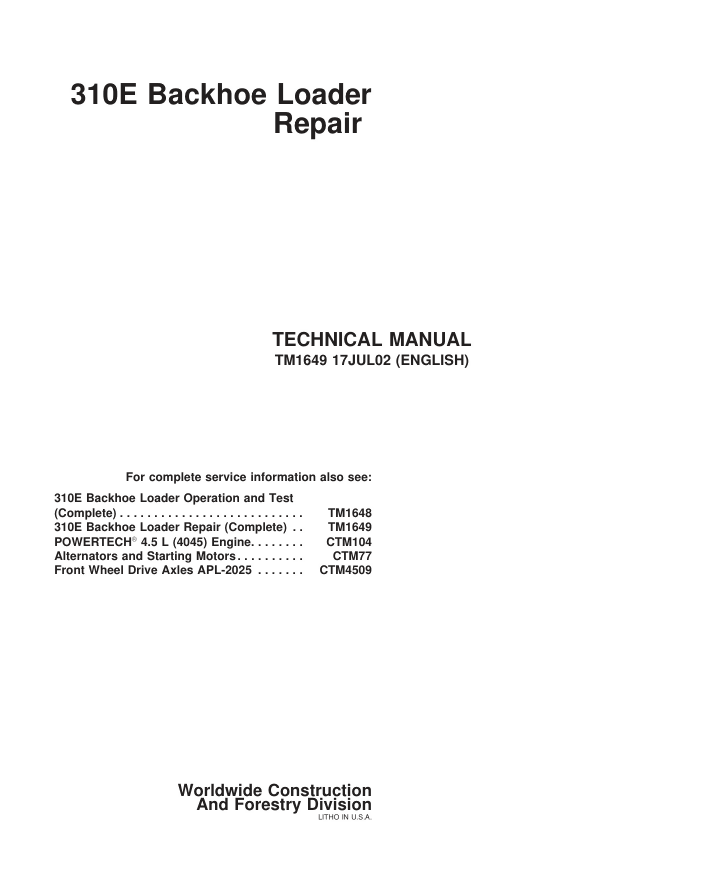 JOHN DEERE 310E BACKHOE LOADER TECHNICAL SERVICE REPAIR MANUAL- on Lucasgift
