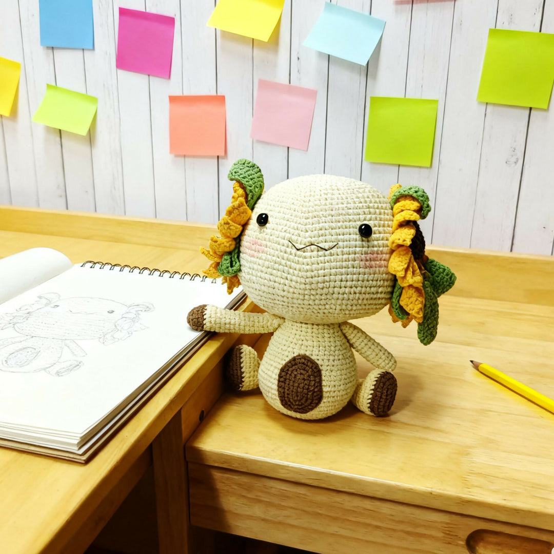 Sunflower Ear Axolotl Crochet Plush | Handmade Knitted Stuffed Animal | Kawaii Decor Gift- on Lucasgift