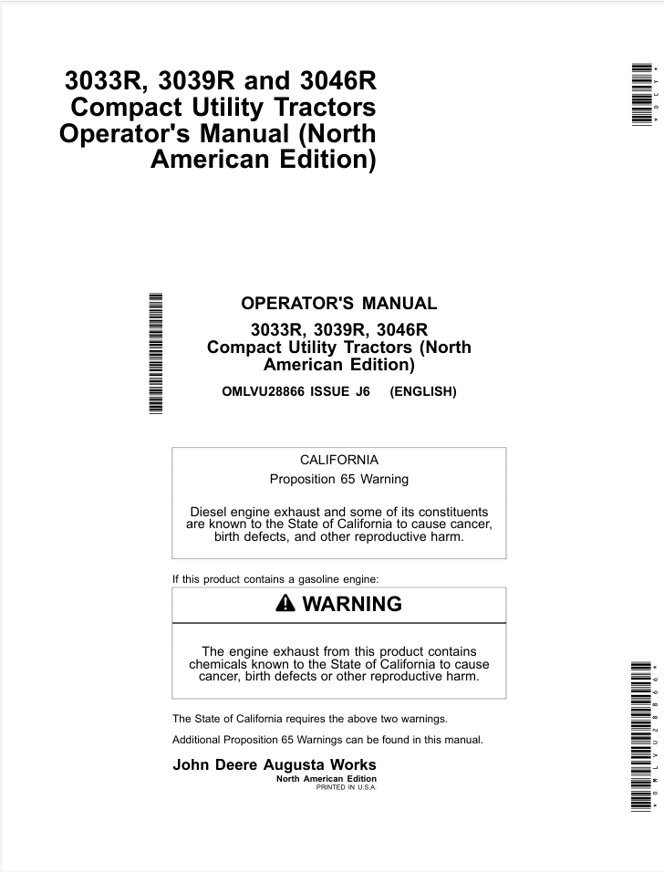 John Deere 3033R 3039R 3046R Tractors Operator's Manual- on Lucasgift