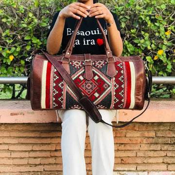 Personalized Kilim Travel Bag With Original Leather, Weekender Leather Bag for Woman or men, Red Carpet Travel Bag, Carp- on Lucasgift