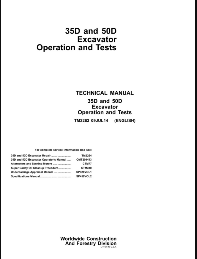 JOHN DEERE 35D AND 50D EXCAVATOR TECHNICAL OPERATION & TEST PARTS MANUAL- on Lucasgift