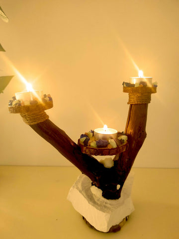 Crystal Tree Candelabra | Handmade Wooden Triple Tealight Holder | Rustic Crystal Centerpiece- on Lucasgift