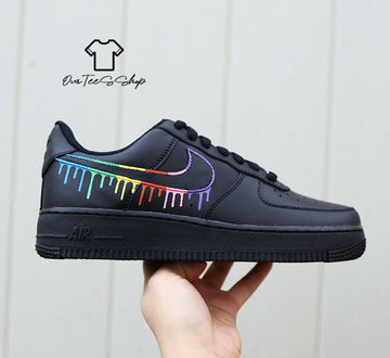 Custom Rainbow Drip Black AF1 Sneakers, Hand Painted Personalized Shoes