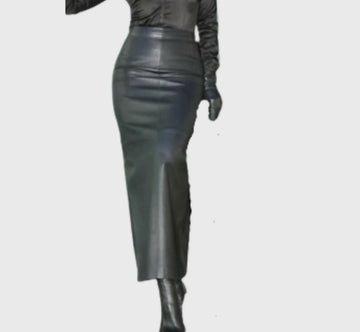 High Waisted Black Sheepskin Leather Maxi Skirt Genuine Evening Wear- on Lucasgift