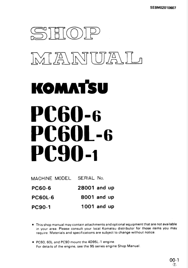 Komatsu PC60-6, PC60L-6, PC90-1 Hydraulic Excavator Service Manual- on Lucasgift