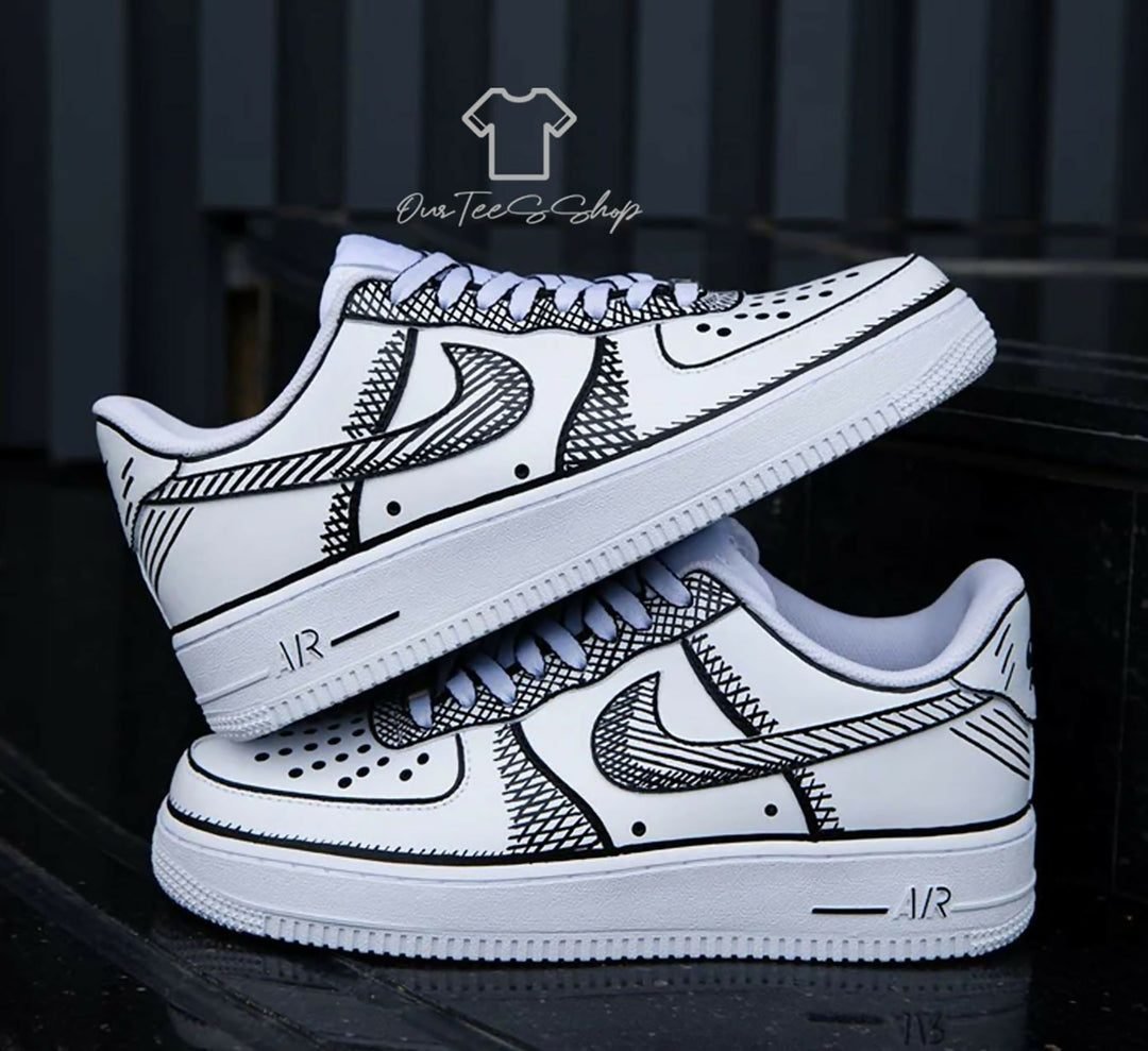 Custom Sketch Black AF1 Sneakers, Hand Painted Personalized Shoes