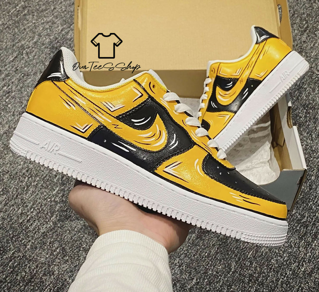 Custom Yellow Black Cartoon AF1 Sneakers, Hand Painted Personalized Shoes