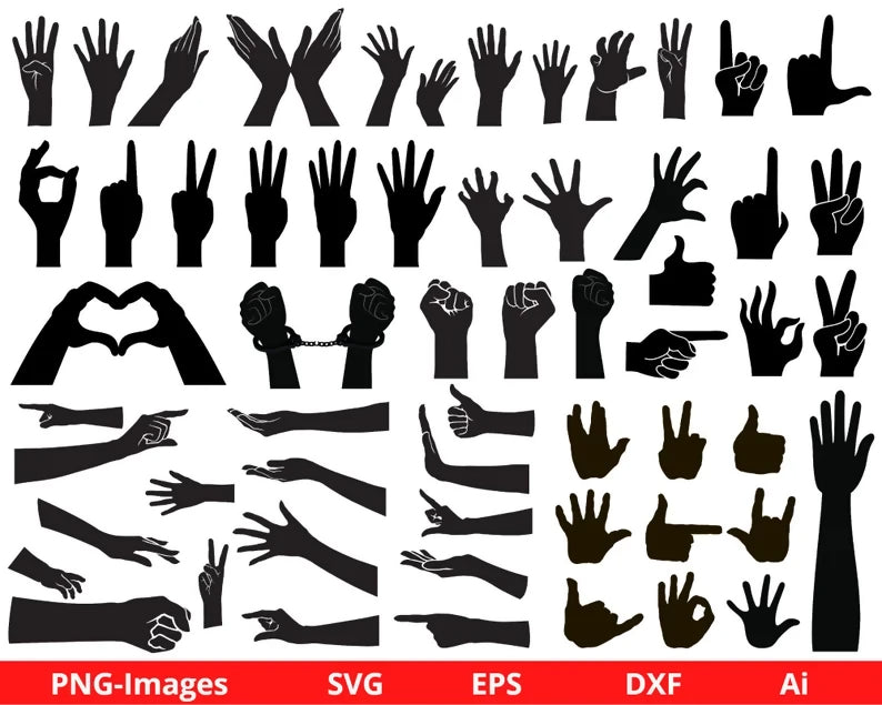 Hand SVG, Silhouette Hand svg, Raised Hand Clipart, Peace Sign Silhouette, Waving Hand Vector, Human Hand Svg, Hand Symbols - SVG and PNG