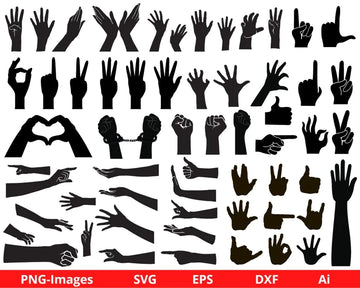 Hand SVG, Silhouette Hand svg, Raised Hand Clipart, Peace Sign Silhouette, Waving Hand Vector, Human Hand Svg, Hand Symbols - SVG and PNG