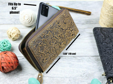 Women's Leather Zip Wallet with Flower Embossing , Real Leather, Same Day Shipping, Free Shipping US- on Lucasgift