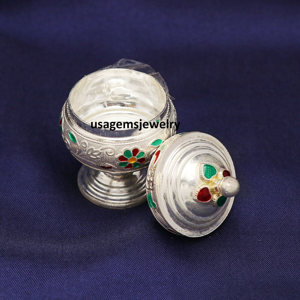 Pure Silver Decorative Floral Enamel Box Handmade Keepsake Sindoor Box 5.8x3.9 cm | Weight 31 Grams BJ1014- on Lucasgift